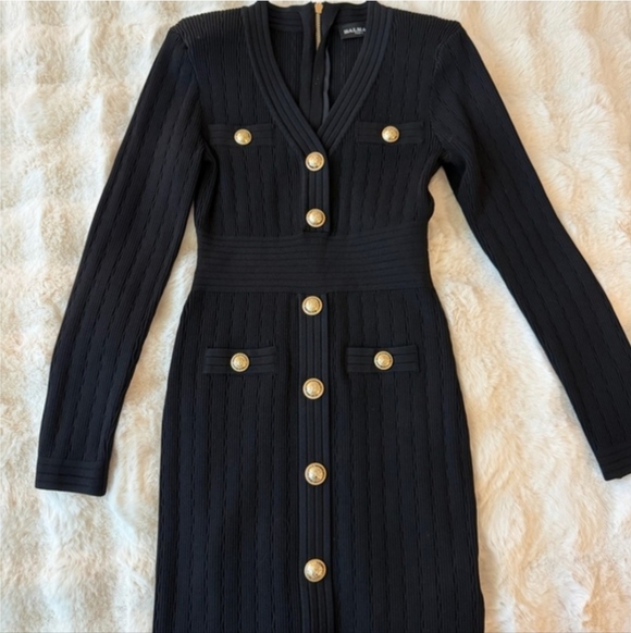 Dresses & Skirts - Structured Black Knit Dress | Ribbed, Button Detail | Sophisticated Everyday